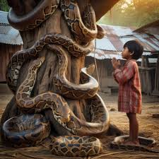 This moment of harmony between a child and a giant snake is truly captivating. n