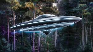 Ufo is hovering over the trees digital painting 3d render mix | Premium AI-generated image
