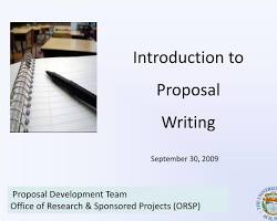 Image of slide 1 of a proposal writing workshop powerpoint presentation showing the introduction