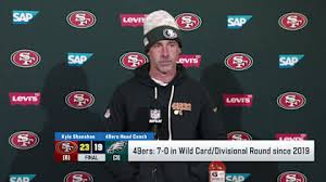 San Francisco 49ers head coach Kyle Shanahan reacts to Wild Card win vs. Philadelphia Eagles