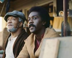 Sanford and Son 1972 TV series Redd Foxx as Fred Sanford Demond Wilson as Lamont Sanford junk yard 1970s NBC television stills, AI generated