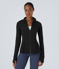Women's SoftlyZero™ Long Sleeve Thumb Hole Pocket Zipper Ruffle Hem Slim Yoga Jacket-UPF50+ - Halara