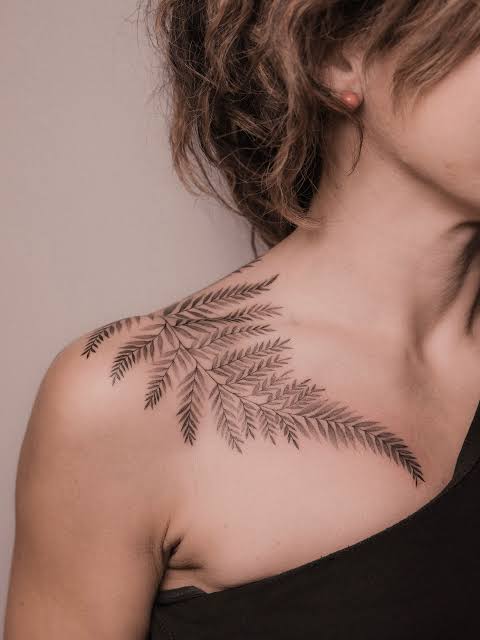 Fine line botanical shoulder tattoo inspired by delicate fern leaves ...