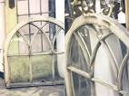 tall shabby vintage chic arched window pane wall grill framed in