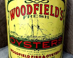 Vintage Woodfield's Fresh Oysters Advertising Tin Can Woodfield Fish Galesville from Before Times Shop