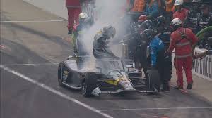 Alexander Rossi’s car catches on fire in pit road on lap 93 of the Indy 500