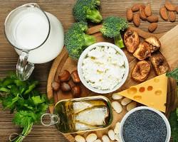 Image of Calcium rich foods: milk, yogurt, leafy green vegetables