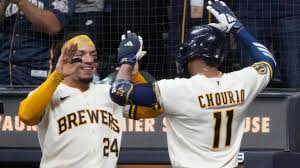 Jackson Chourio celebrating after hitting a game-tying home run for the Milwaukee Brewers