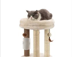 cozy cat cage with a soft bed, scratching post, and toys.の画像