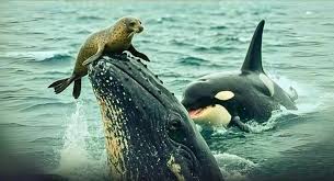 Jubartes enfrentam orcas em alto-mar para proteger focas