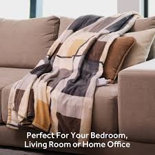 Sunbeam Oversized Throw Neutral Plaid Microplush  4 Heat Settings  4-Hour Auto Shut-Off  Electric Heated Blanket  60  x 80