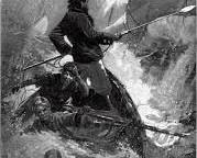 Captain Ahab at the helm of the Pequod, harpoon in hand