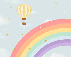 Image of 3D ceiling mural of pastel cloudscape with hot air balloons and rainbows for bedroom