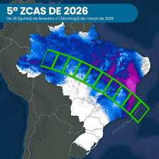 Quinta ZCAS de 2026 vai provocar chuva volumosa entre 26 de fevereiro e 1º de março