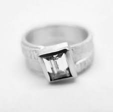 Baguette Sterling Silver Ring, Sanded Texture Band, Big White Gem Ring, Rectangle Cubic Zi
