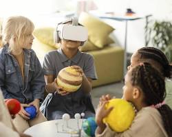 Изображение: children using augmented reality glasses to learn about different cultures and historical events in an interactive way.