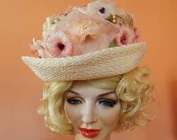 Vintage 1950s MARCHE Floral Hat <b>Ivory White</b> Straw Upturned Brim // Sweet <b>...</b> - il_340x270.581215796_fr01