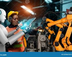 Image of factory worker and a robot working collaboratively