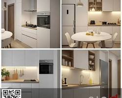 Gambar Dapur mungil dengan rak dinding dan kabinet atas yang mencapai plafon.