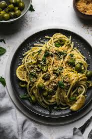 Green Olive Pasta with Toasted Lemon Breadcrumbs and Herbs