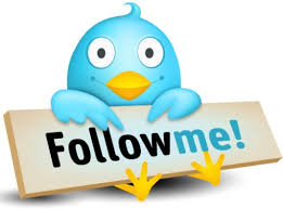 Blue twitter bird logo holding sign follow me 