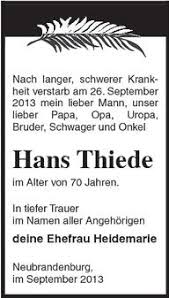 Hans Thiede-im Alter von 70 Ja | Nordkurier Anzeigen