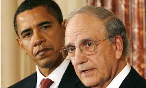 U.S. President Barack Obama (L) listens to newly appointed Mideast envoy George Mitchell at the State Department in Washington January 22, 2009. - George-Mitchell-with-Bara-001