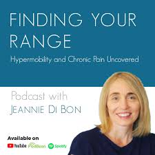A woman with blonde shoulder-long hair and a black shirt is smiling. Text: Finding your Range, Hypermobility and Chronic Pain Uncovered, Podcast
with Jeannie Di Bon.