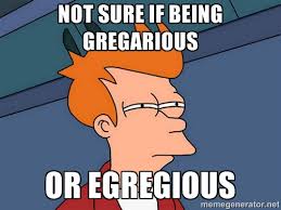 NOT SURE IF BEING GREGARIOUS OR EGREGIOUS - Futurama Fry | Meme ... via Relatably.com