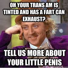 Oh your Trans am is tinted and has a fart can exhaust? tell us ... via Relatably.com