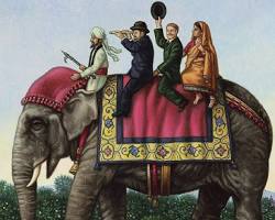 Phileas Fogg and Aouda riding an elephant