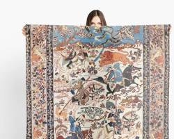 Image of collection of Iranian textiles, including silk scarves and woolen rugs