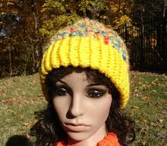 Knitted Hat In Lemon Yellow With Sparkling Color Blast Crown. Bright Sparkling Lemon Yellow and Multi Colored Hat - knitted_hat_in_lemon_yellow_with_sparkling_color_blast_crown_6a351e76