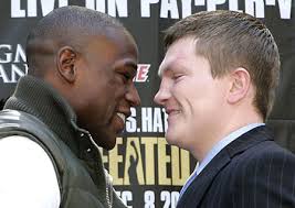 Mayweather_hatton. Two undefeated boxers, Brit Ricky Hatton and Floyd Mayweather, Jr., will face each other in Las Vegas at the MGM Grand on December 8. - mayweather_hatton