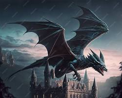 Fotografía de fantasía de un dragón volando por encima de un castillo
