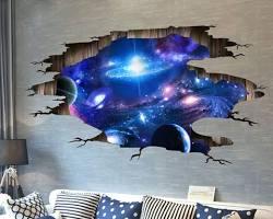Image of 3D ceiling mural of galaxy with stars and spaceship for children's room