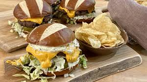 Ballpark Pretzel Bun Burgers Recipe with Dijon Ranch Special ...